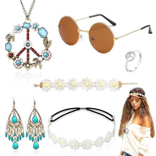 NebulaGlam Hippie Kostüm Set, 6 Stück Hippie Kleidung Damen Herren Accessoires, 60er 70er Jahre Bekleidung, Friedenszeichen Ohrringe, Halsketten, Blütenstirnbänder, Armbänder, Brillen, Ringe (Braun) von NebulaGlam