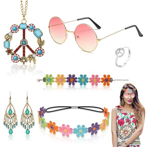 NebulaGlam Hippie Kostüm Set, 6 Stück Hippie Kleidung Damen Herren Accessoires, 60er 70er Jahre Bekleidung, Friedenszeichen Ohrringe, Halsketten, Blütenstirnbänder, Armbänder, Brillen, Ringe (Rosa) von NebulaGlam