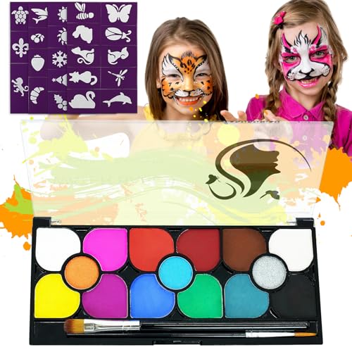 NebulaGlam Kinderschminke Set, 15 Farben Face Paint Body Paint für Kinder und Erwachsene, Schminkfarben Schminkpalette mit 2 Berufs Pinsel, 40 Tattoo-Vorlagen, für Halloween Karneval Make-up Fasching von NebulaGlam