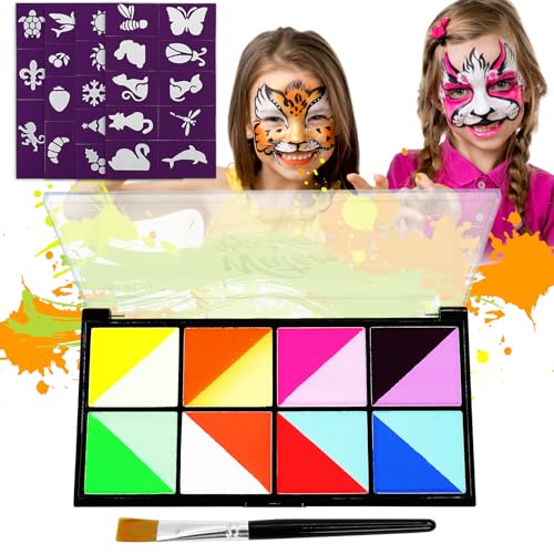 NebulaGlam Kinderschminke Set, 16 Farben Face Paint Body Paint für Kinder und Erwachsene, Rainbow Split Cake Palette mit Berufs Pinsel, 40 Tattoo-Vorlagen, für Halloween Karneval Make-up Fasching von NebulaGlam