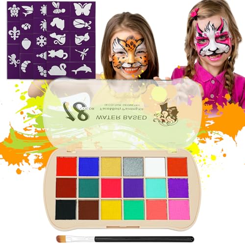 NebulaGlam Kinderschminke Set, 18 Farben Face Paint Body Paint für Kinder, Schminkfarben Schminkpalette mit Berufs Pinsel, 40 Tattoo-Vorlagen, für Halloween Karneval Make-up Fasching (A) von NebulaGlam