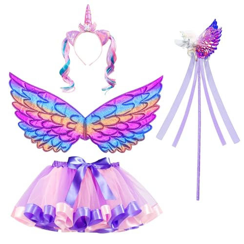 NebulaGlam Mädchen Einhorn Prinzessin Kleid, 4 Stück Lila Tutu Rock Mädchen mit Einhorn Stirnband Flügel Zauberstab, Einhorn Kostüm Mädchen für Halloween Weihnachten Karneval Geburtstag Party von NebulaGlam