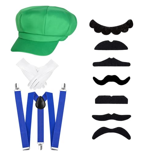 NebulaGlam Mario Luigi Kostüm Accessories, Luigi Bros Cosplay, Grün Hut Handschuhe Bart Hosenträger, Mario Kostüm Zubehör Karneval Mottoparty Halloween Cosplay für Kinder Damen Herren von NebulaGlam