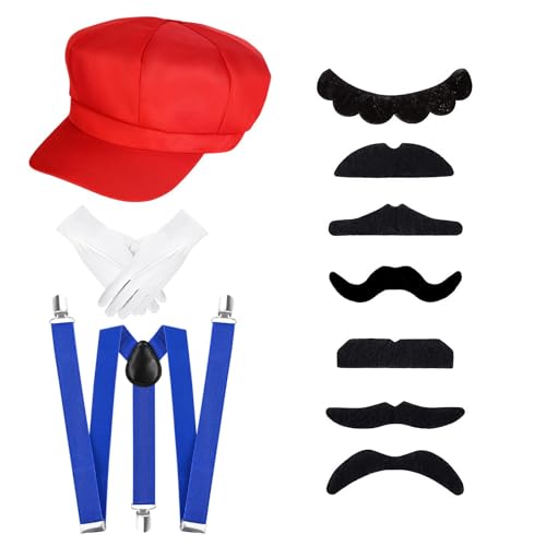 NebulaGlam Mario Luigi Kostüm Accessories, Luigi Bros Cosplay, Rot Hut Handschuhe Bart Hosenträger, Mario Kostüm Zubehör Karneval Mottoparty Halloween Cosplay für Kinder Damen Herren von NebulaGlam