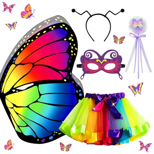 NebulaGlam 5 Stück Schmetterling Kostüm Kinder, Mädchen Schmetterlingsflügel kind Mädchen, mit Bunte Flügel Farbe Tutu Rock Maske Haarband Feenstab, für Karneval Cosplay von NebulaGlam