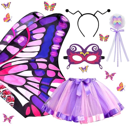 NebulaGlam Schmetterling Kostüm Kinder, 5 Stück Lila Tutu Rock Mädchen Schmetterling umhang kind Mädchen mit Tutu Rock Maske Haarband Feenstab, für Karneval Cosplay von NebulaGlam