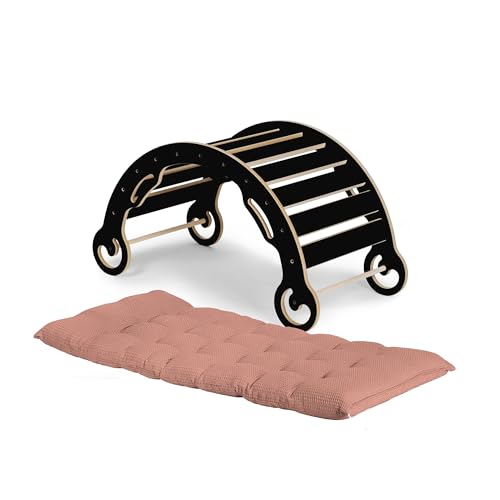 Need Sleep Leo Kletterbogen mit Kissen für Kinder Klettergerüst Indoor MDF Kinderwippe Holz Wippe Montessori Spielbogen Holzspielzeug Klettern Balance Schwarz (Rosa, L) von Need Sleep