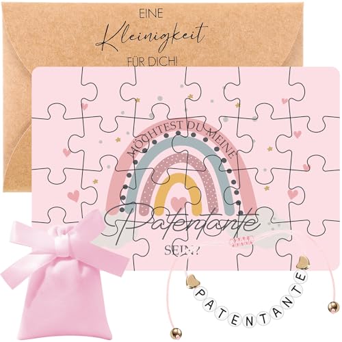 Neer 4er Set Patentante Fragen Geschenk Möchtest Du Meine Patentante Sein Regenbogen Puzzle Perlen Patin Armband Rosa Samtbeutel und Kraftpapier Umschlag für Schwangerschaft Verkünden Geburt Taufe von Neer