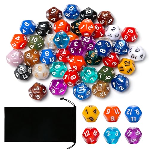 Neikafan 12 Seitige Würfel 43 Stück Mehrseitige Würfel 1 bis 12 Seitige Würfelspiel Bunte Polyedrische DND Würfel Set D12 Dice 12 Sided für DND MPG MTG Dungeons und Dragons von Neikafan