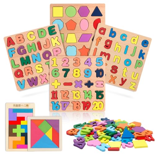 Neikafan Holz Alphabet Puzzle ABC Buchstaben Zahlen Kinder Holzpuzzle und Tetris Tangram Puzzle Buchstaben und Zahlen Spiel Holz Montessori Geometrisches für Kleinkinder und Vorschulkinder von Neikafan
