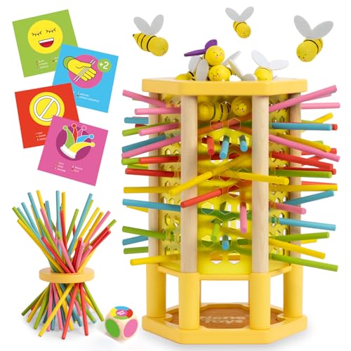 Nene Toys BEEFALL, 4-in-1 Lernspiel mit Bienen, Montessori Spielzeug ab 3 Jahren mit bunten Stäben, Würfeln & Karten - Holzspiel für Jungen & Mädchen 3-9 Jahre - Pädagogisches Familienspiel von Nene Toys