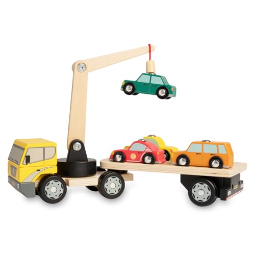 Nene Toys Magnetischer Holz-Autotransporter für Kinder ab 3 Jahren – Magnetspiel mit 4 Autos, 1 abnehmbarem Anhänger und Kran – Fahrzeuge & Holz-LKW – Holzspielzeug, Tolles Geschenk für Jungen Mädchen von Nene Toys