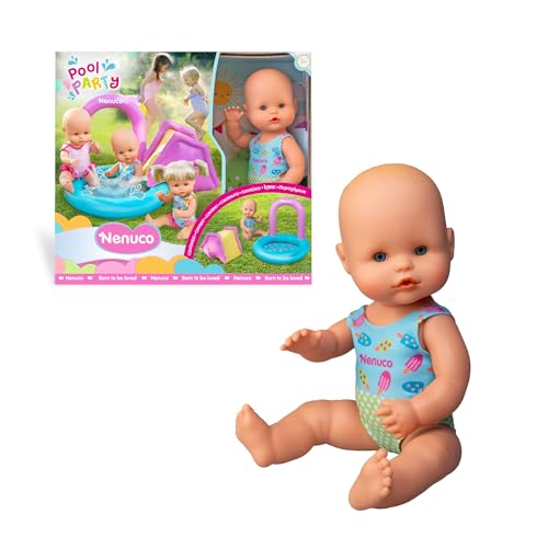 Nenuco Poolparty, 35 cm große Babypuppen mit ihrem eigenen aufblasbaren Pool mit Rutsche, Harter Körper mit bedrucktem Badeanzug, füllen Sie den Pool mit Wasser und gleiten Sie zur Puppe, Famosa von Nenuco