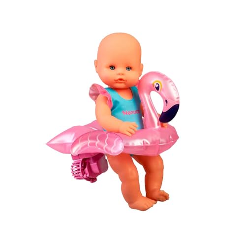 NENUCO - Schwimmzeit! Schwimmende Babypuppe mit einem Flamingo-Schwimmer mit Motor lässt Sich in der Badewanne und Pool drehen, wasserfestes Spielzeug für die Badezeit, berühmt (700017100), Bunt, Talla única von Nenuco