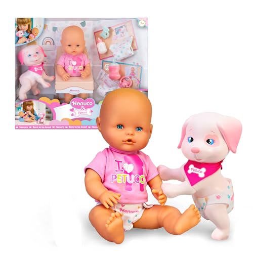 Nenuco & Petuco, Babypuppe 35 cm und der kleine Welpe mit hartem Körper, beide sind Babys und müssen Sich um sie kümmern, Zubehör für beide, T-Shirt, Windel, Schnuller und Flasche, 3 Jahre, berühmt von Nenuco