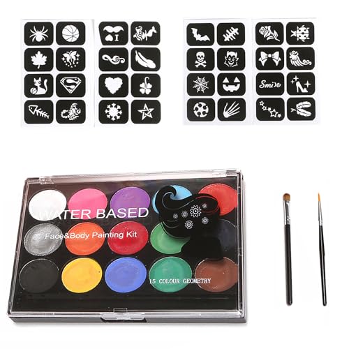 Neoreser Gesichtsfarbe Kinderschminke Set, 15 Farben Schminkfarben Schminkpalette, Waschbar Schminkfarben Body Painting Körperfarbe Kinder mit 2 Pinsel, Halloween Karneval Fasching Schminken Set von Neoreser