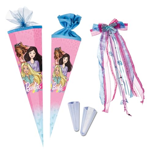 Nestler Schultüten-Set zum Befüllen, Handgemachte Zuckertüte aus Karton - Lizenzmotiv Barbie Girl, Schultüte, Spitzenschutz, Schleife (85 cm 6-eckig) von Nestler