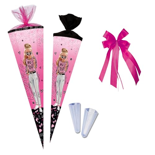 Nestler Schultüten-Set zum Befüllen, Handgemachte Zuckertüte aus Karton - Lizenzmotiv Barbie - Vibes, Schultüte, Spitzenschutz, Schleife (70 cm rund) von Nestler