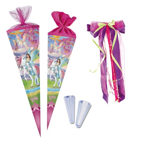 Nestler Schultüten-Set zum Befüllen, Handgemachte Zuckertüte aus Karton - Lizenzmotiv Bayala 2" von Schleich, Schultüte, Spitzenschutz, Schleife (85 cm 6-eckig) von Nestler