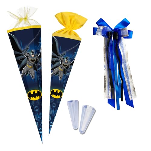 Nestler Schultüten-Set zum Befüllen, Handgemachte Zuckertüte aus Karton - Lizenzmotiv Forever Batman, Schultüte, Spitzenschutz, Schleife (70 cm rund) von Nestler