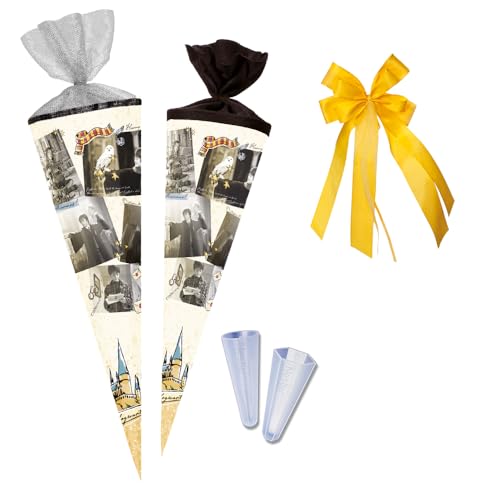 Nestler Schultüten-Set zum Befüllen, Handgemachte Zuckertüte aus Karton - Lizenzmotiv Harry Potter - Magical Moments, Schultüte, Spitzenschutz, Schleife (70 cm rund) von Nestler