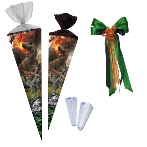 Nestler Schultüten-Set zum Befüllen, Handgemachte Zuckertüte aus Karton - Lizenzmotiv Jurassic World, Schultüte, Spitzenschutz, Schleife (85 cm 6-eckig) von Nestler