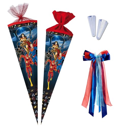 Nestler Schultüten-Set zum Befüllen, Handgemachte Zuckertüte aus Karton - Lizenzmotiv Justice League, Schultüte, Spitzenschutz, Schleife (70 cm rund) von Nestler