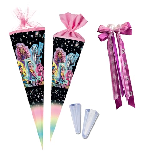 Nestler Schultüten-Set zum Befüllen, Handgemachte Zuckertüte aus Karton - Lizenzmotiv Monster High - Best Boos Forever, Schultüte, Spitzenschutz, Schleife (85 cm 6-eckig) von Nestler