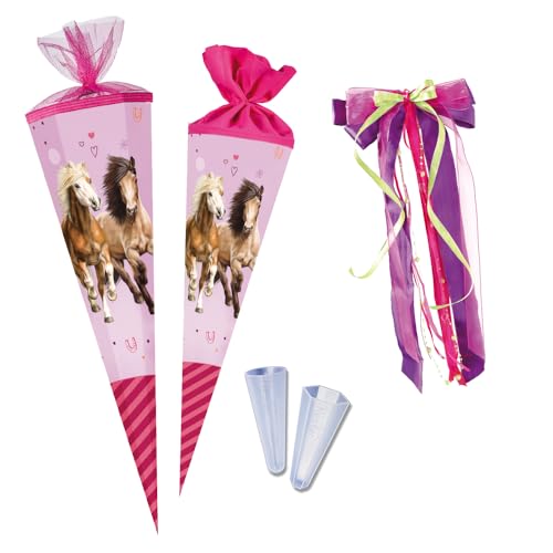 Nestler Schultüten-Set zum Befüllen, Handgemachte Zuckertüte aus Karton - Lizenzmotiv Pferdefreunde 3" von Coppenrath, Schultüte, Spitzenschutz, Schleife (85 cm 6-eckig) von Nestler