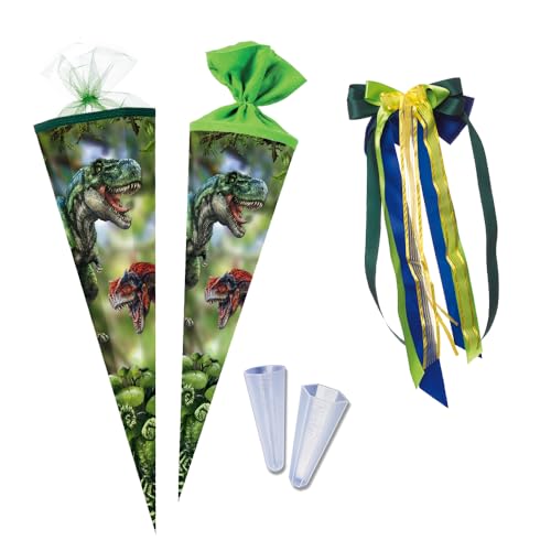 Nestler Schultüten-Set zum Befüllen, Handgemachte Zuckertüte aus Karton - Lizenzmotiv T-Rex World von Coppenrath, Schultüte, Spitzenschutz, Schleife (70 cm rund) von Nestler