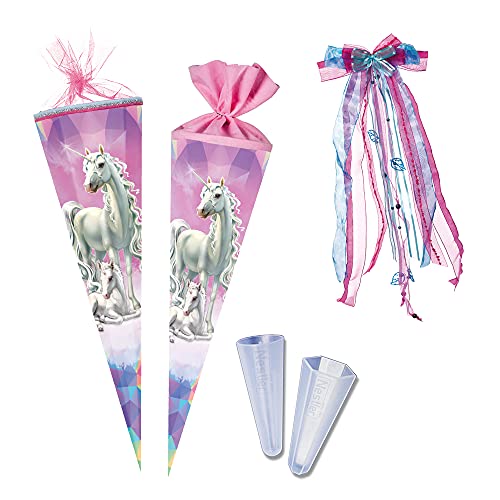 Nestler Schultüten-Set zum Befüllen, Handgemachte Zuckertüte aus Karton - Motiv Einhorn Märchenwald, inkl. Spitzenschutz, Schleife (85 cm 6-eckig) von Nestler