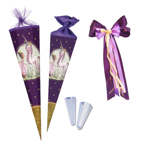 Nestler Schultüten-Set zum Befüllen, Handgemachte Zuckertüte aus Karton - Motiv Einhorn Prinzessin, Schultüte, Spitzenschutz, Schleife (85 cm 6-eckig) von Nestler