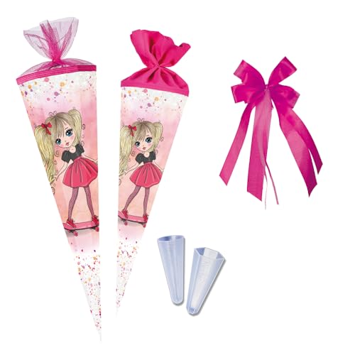 Nestler Schultüten-Set zum Befüllen, Handgemachte Zuckertüte aus Karton - Motiv Fashionista, Schultüte, Spitzenschutz, Schleife (70 cm rund) von Nestler