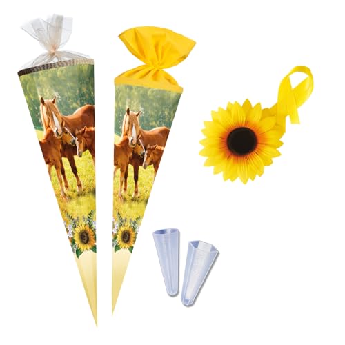 Nestler Schultüten-Set zum Befüllen, Handgemachte Zuckertüte aus Karton - Motiv Fohlenweide, Schultüte, Spitzenschutz, Schleife (85 cm 6-eckig) von Nestler