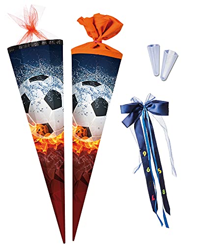 Nestler Schultüten-Set zum Befüllen, Handgemachte Zuckertüte aus Karton - Motiv Fußball, inkl. Spitzenschutz, Schleife (85 cm 6-eckig) von Nestler