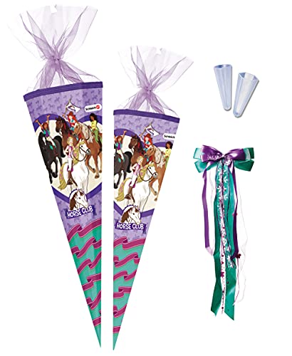 Nestler Schultüten-Set zum Befüllen, Handgemachte Zuckertüte aus Karton - Motiv Horse Club von Schleich, inkl. Spitzenschutz, Schleife (85 cm 12-eckig mit Sound) von Nestler