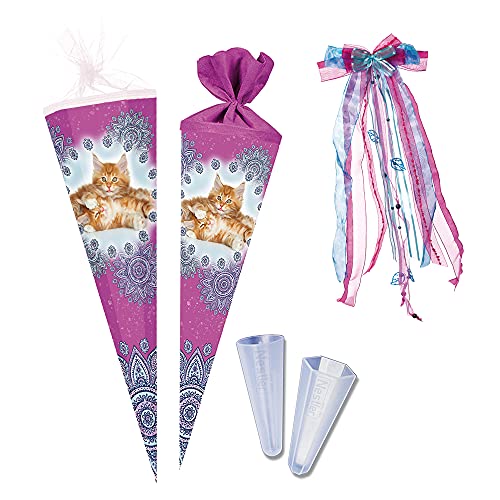 Nestler Schultüten-Set zum Befüllen, Handgemachte Zuckertüte aus Karton - Motiv Katzenbabys inkl. Spitzenschutz, Schleife (70 cm rund) von Nestler