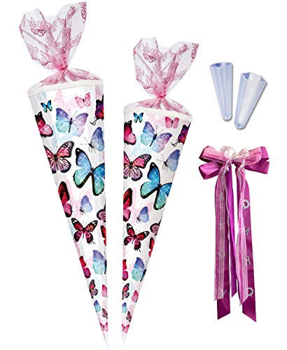 Nestler Schultüten-Set zum Befüllen, Handgemachte Zuckertüte aus Karton - Motiv Schmetterling, inkl. Spitzenschutz, Schleife (85 cm 12-eckig mit Glitzer) von Nestler