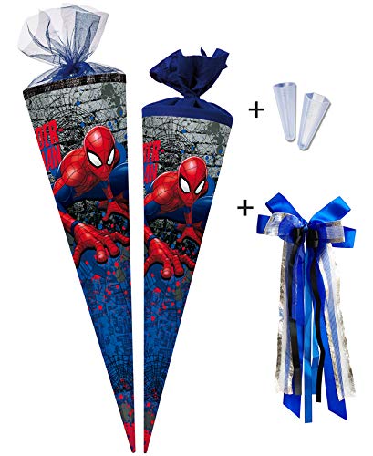 Nestler Schultüten-Set zum Befüllen, Handgemachte Zuckertüte aus Karton - Motiv Spider-Man, inkl. Spitzenschutz, Schleife (85 cm 6-eckig) von Nestler