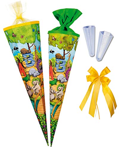 Nestler Schultüten-Set zum Befüllen, Handgemachte Zuckertüte aus Karton - Motiv Tier ABC, inkl. Spitzenschutz, Schleife (85 cm 6-eckig) von Nestler