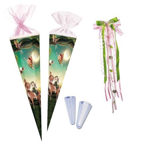 Nestler Schultüten-Set zum Befüllen, Handgemachte Zuckertüte aus Karton - Motiv Waldfeen, Schultüte, Spitzenschutz, Schleife (85 cm 6-eckig) von Nestler