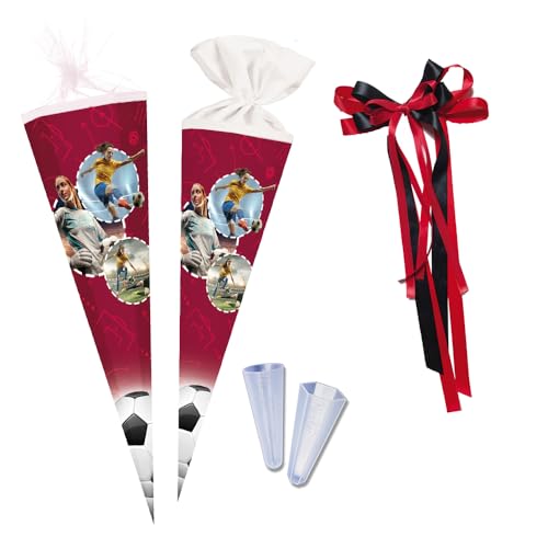 Nestler Schultüten-Set zum Befüllen, Handgemachte Zuckertüte aus Karton - Motiv Women´s Champions League, Schultüte, Spitzenschutz, Schleife (85 cm 6-eckig) von Nestler