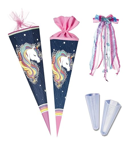 Nestler Schultüten-Set zum Befüllen, Handgemachte Zuckertüte aus Karton - Motiv: Regenbogen Einhorn, Spitzenschutz, Schleife (70 cm rund) von Nestler