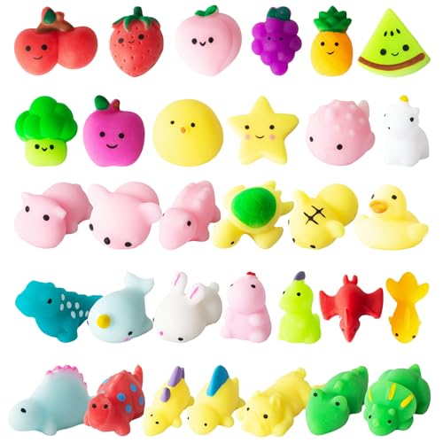 32 Stück Mini-Squishy Kawaii Squishys niedliches Spielzeug zur Stresslinderung, Squeeze Spielzeug aus Silikon, Tiere, Obst, Geschenke für Geburtstag, Kinder, Schule, Auszeichnungen, Füllung, Pinata, von Nestling