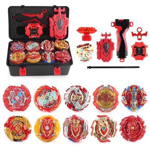 Netoke 10 in 1 Gyro Burst Gyro Set, 4D Kampfkreisel Kreisel Battle mit Launcher Gyro, inkl 4 Stück Gyro Accessory Set, Rot von Netoke