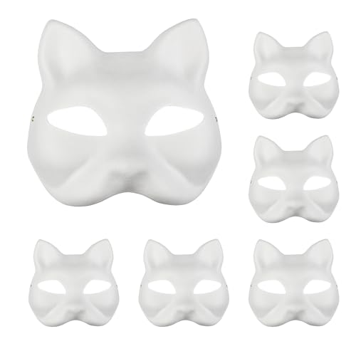 Netuno 6x Blanko-Masken Katze Weiß Tiermotive Maske mit Gummi Band DIY Gesichtsmaske Katzenmaske zum Bemalen weiße Maske Tier Karneval-Maske blanko Masken zum Basteln für Halloween Geburtstag Party von Netuno