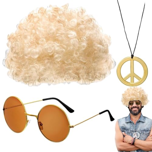 Disco-Perücke und Sonnenbrille – Hippie-Kostüm-Set, ausgefallene Afro-Perücken-Sonnenbrillen-Halskette, 50er/60er/70er-Jahre-Motto-Partyzubehör, Dekorationen für Männer und Teenager, modisches Disco-S von NevPuose