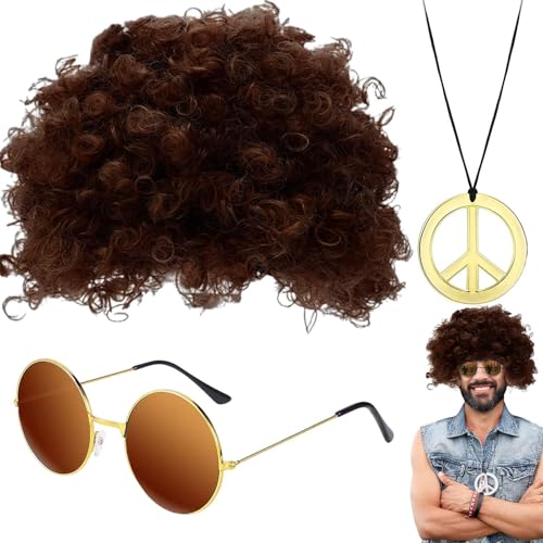 Disco-Perücke und Sonnenbrille – Hippie-Kostüm-Set, ausgefallene Afro-Perücken-Sonnenbrillen-Halskette, 50er/60er/70er-Jahre-Motto-Partyzubehör, Dekorationen für Männer und Teenager, modisches Disco-S von NevPuose