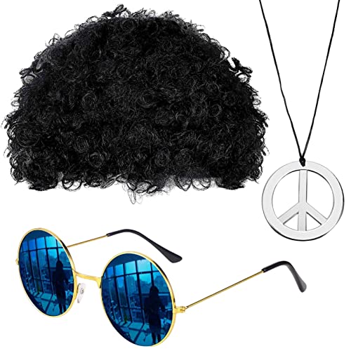 Disco-Perücke und Sonnenbrille – Hippie-Kostüm-Set, ausgefallene Afro-Perücken-Sonnenbrillen-Halskette, 50er/60er/70er-Jahre-Motto-Partyzubehör, Dekorationen für Männer und Teenager, modisches Disco-S von NevPuose