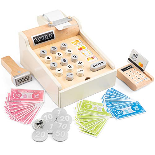 New Classic Toys 10651 Registrierkasse, inkl. Spielgeld, Scanner und Bankkarte, Zubehör für Kaufladen, aus Holz, Weiß von New Classic Toys